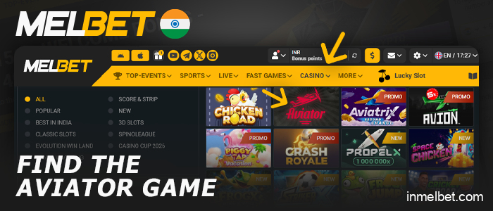 Find the Aviator game in the Melbet Casino section