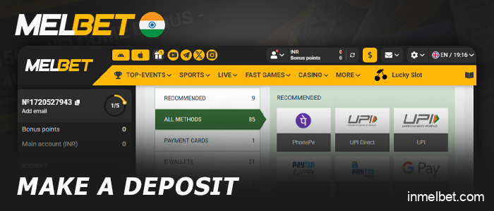 Deposit funds into your account for live betting at Melbet India