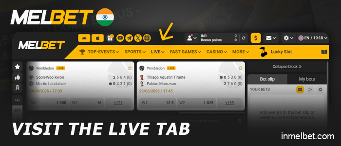 Open the live betting section on Melbet India