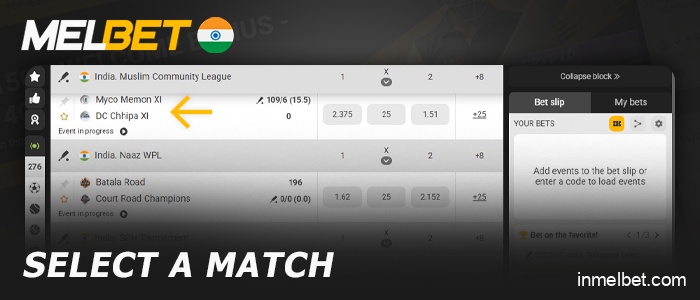 Choose a sport and a live match on the Melbet website