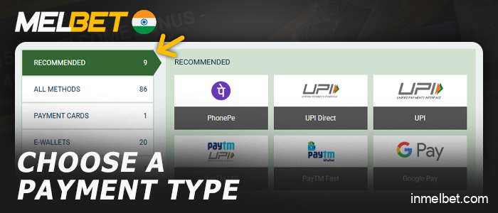Choose a deposit type at Melbet India