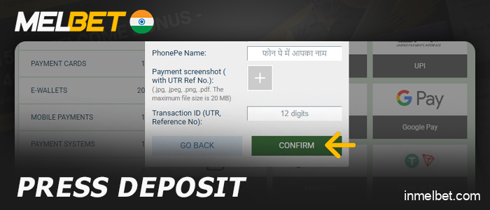 Confirm your deposit at Melbet IN