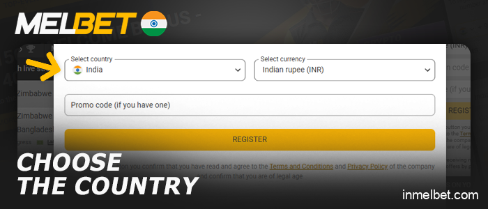 Select a country to register with Melbet India